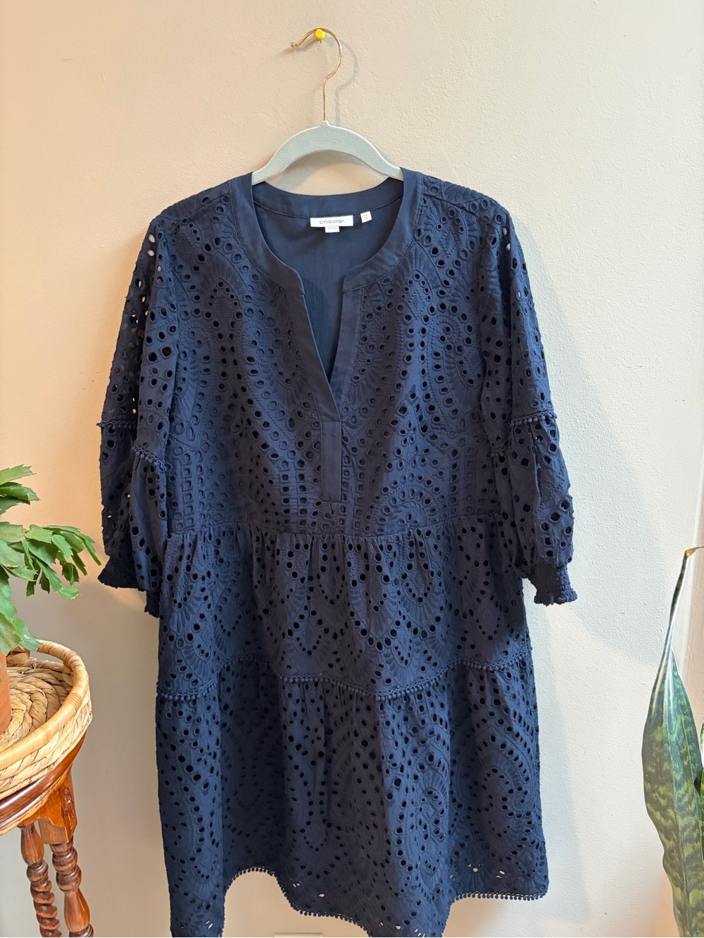 Chico's Navy Eyelet Tiered Midi Dress
